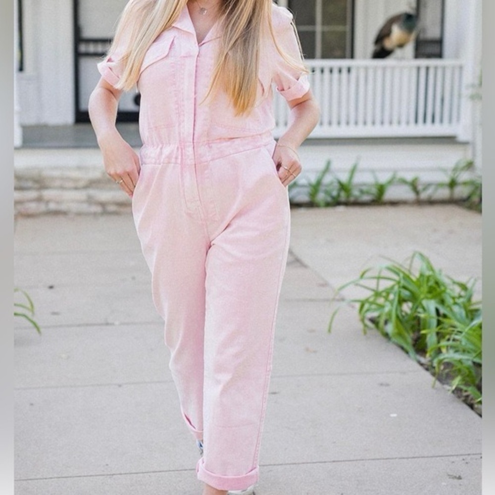 FAHERTY Light Pink Organic Cotton Denim Coveralls Jumpsuit Size Small GUC - Picture 2 of 8